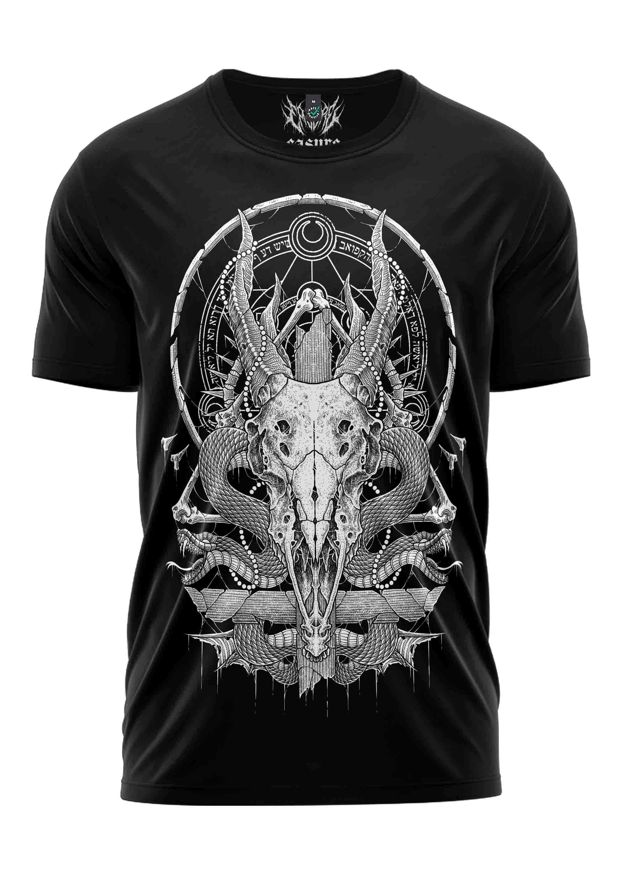 Ein schwarzes kurzärmliges shirt the deer mit einem detaillierten weißen gothic horror hirschschädel und mustern